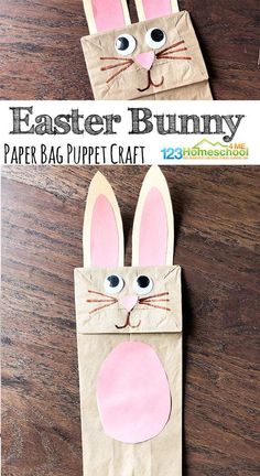 an easter bunny paper bag puppet craft is shown on the table with text overlay