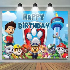 a birthday banner featuring paw patrol characters and the number one on it's front