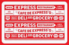 a red and white menu with different types of food on the front, along with words that read express restaurant cafe de expresso deli and grocery