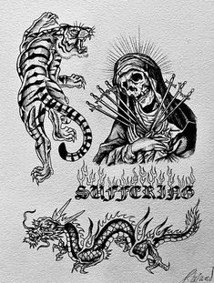 a drawing of two skeletons and a tiger