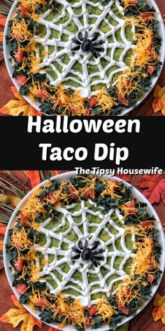 halloween taco dip with cheese and vegetables in it