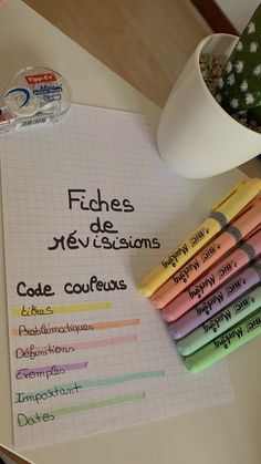 some writing on a piece of paper with crayons next to it and a cup