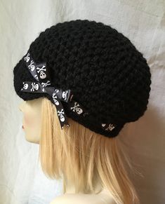 Free Shipping USA. Black Women's hat. Newsboy. Adults. Teens. Hand-crocheted with soft Acrylic yarn embellished with a Ribbon and a crocheted flower. Cotton is also available. Please request. Want the hat and/or flower in another color? Just let me know. COLOR (S): Hat: Black in Acrylic or cotton. If not specified, acrylic will be sent. Accents: Black Grosgrain Ribbon, Crocheted Flower - Gray and Black with Pearl Button AVAILABLE SIZE(S): Typical Size Chart 21 inches Adult S 22 inches Adult M 23 Black Brimmed Mini Hat One Size, Black Brimmed Mini Hat, One Size, Black Crochet Hat With Curved Brim, Cute Black Mini Hats One Size, Black One Size Costume Cap, Black Brimmed Crochet Hat, One Size Fits Most, Black Knitted Hat With Curved Brim, Handmade Black Crochet Hat With Curved Brim, Black Crochet Yarn Hat