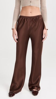 Reformation Gale Satin Mid Rise Bias Pants | Shopbop Satin Pants Outfit, Chic Winter Outfit, Silky Pants, Trending Heels, Chic Winter Outfits, Winter Outfit Ideas, Long Black Coat, Pants Brown, Satin Pants