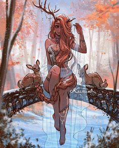 a woman with long red hair is sitting on a bridge in the woods, surrounded by deer