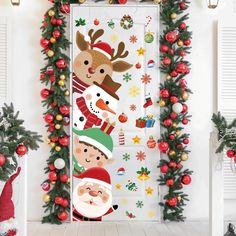 christmas door decoration with santa claus and snowmen