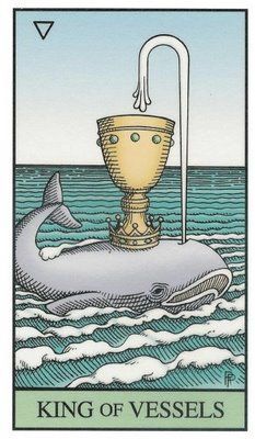 a tarot card with a whale in the water and a cup on it's head