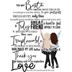 two girls with their arms around each other and the words in black are written above them