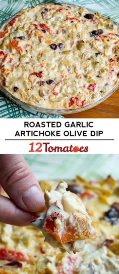 the process to make artichoke olive dip is shown in two different pictures, one with