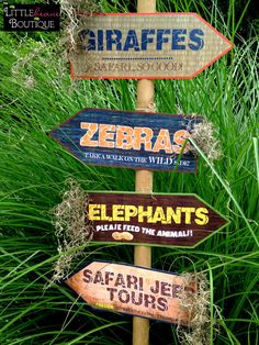 four wooden signs pointing in different directions on a pole next to some tall green grass