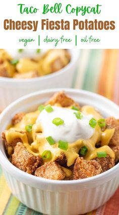 two white bowls filled with taco bell potato casserole