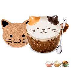 a cat shaped bowl with two bowls and spoons in front of it, one is brown and the other is white