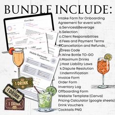 a flyer with drinks and menus on it for an event or cocktail bar, including two