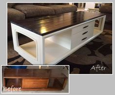 before and after photos of a coffee table with storage space on the bottom, in front of a couch