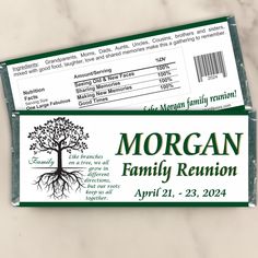 two personalized candy bar wrappers for morgan family reunion