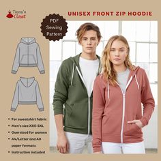 the unisex front zip hoodie sewing pattern is shown in two different colors