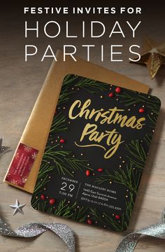 festive holiday party flyer with christmas decorations and presents on the table in front of it