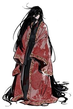 an anime character with long black hair wearing a red kimono