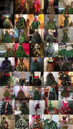 many different types of christmas trees are shown in this collage, all decorated with red and green ribbons