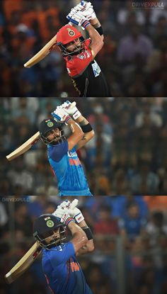 three different shots of a cricket player hitting the ball