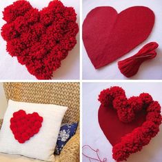 four pictures showing different ways to sew a heart shaped pillow with pom - poms