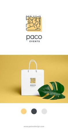 a white bag sitting on top of a table next to a green leaf and yellow background