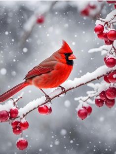 a red bird sitting on top of a tree branch covered in snow and berries next to it