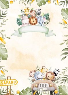 a watercolor drawing of animals in the back of a car with a banner above it