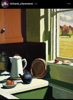 an oil painting of a tea pot and plate on a table next to a window