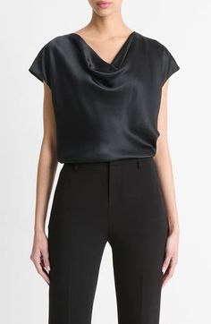 Timelessly chic, this silk popover blouse brings easy elegance to your look with a flattering draped cowl neck and dolman sleeves. 23" length (size Medium) Cowl neck Short sleeves 100% silk Dry clean or hand wash, line dry Imported Black Silk Top, California Vibe, Elevated Basics, Blouse Nordstrom, Blouse Online, Shoes And Accessories, Silk Top, Black Silk, Silk Blouse