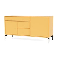 the sideboard is yellow and has black legs