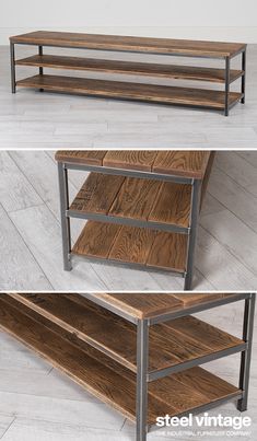 two different views of a wooden shelf with metal legs and shelves on each side, one is