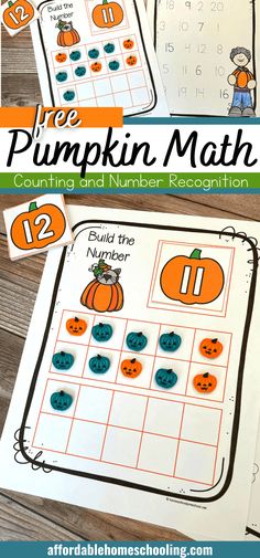 pumpkin themed counting and number recognition worksheet for kids to practice numbers in the fall