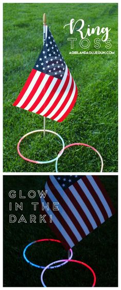 an american flag on top of a pole with the words glow in the dark above it