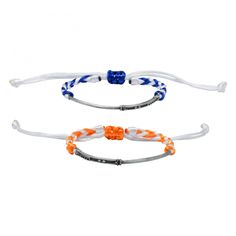 two bracelets with orange, white and blue beads are shown on a white background