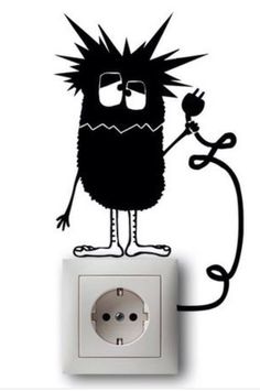 a black and white image of a cartoon character plugged into an electrical outlet with one hand