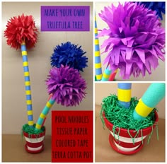 three pictures show how to make tissue paper pom poms in different colors and sizes