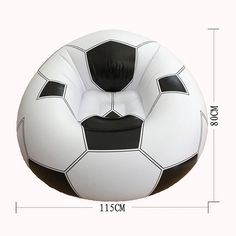 the soccer ball shaped chair is shown in black and white colors, with measurements for each seat