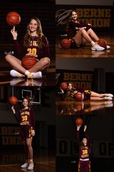 a woman in maroon and gold uniform holding a basketball while sitting on the floor with her legs crossed