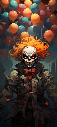 a creepy clown with orange hair and red eyes standing in front of balloons