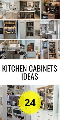 the kitchen cabinets are all white and have yellow labels on them that read, kitchen cabinets ideas