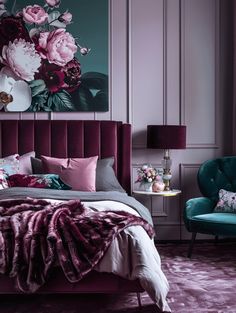 Two Color Combinations for Bedroom Walls: Mauve and Teal Teal Mauve Bedroom, Master Bedrooms Decor Burgundy, Magenta Room Bedrooms, Green Pink Purple Bedroom, Berry Colored Bedroom, Mauve Aesthetic Bedroom, Plum And Blush Bedroom, Maroon Bedroom Color Schemes, Mauve Navy Bedroom