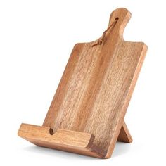 a wooden cutting board with a knife on it's side and a clipboard attached to the edge