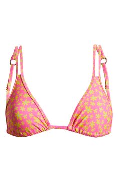 Doubled halter straps provide extra support in this vacay-ready bikini top with slidable triangle cups and a tropical print. Ties at neck and back Lined 80% polyester, 20% elastane Machine wash, line dry Imported Tropical Print Triangle Halter Top For Beachwear, Tropical Triangle Halter Top For Swimming, Tropical Triangle Halter Top For Sunbathing, Tropical Print Triangle Halter Top For Poolside, Triangle Halter Top With Tropical Print For Poolside, Tropical Triangle Halter Top For Vacation, Poolside Triangle Halter Top With Tropical Print, Poolside Tropical Print Triangle Halter Top, Tropical Triangle Halter Top With Adjustable Straps