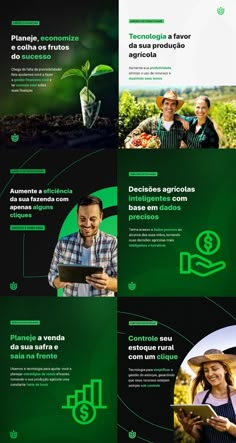 several different types of web pages with green and black designs on the bottom, one is for