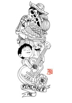 a black and white drawing of two children playing guitar with the caption remember me