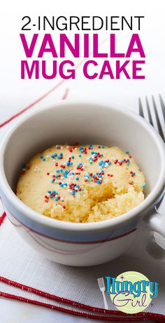 two ingredient vanilla mug cake with sprinkles in a white bowl on a table