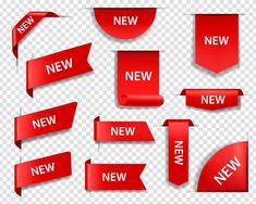 red paper stickers with the words offer and off on them, set of different shapes