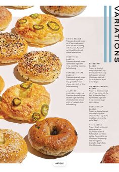 an advertisement for bagels with various toppings on them