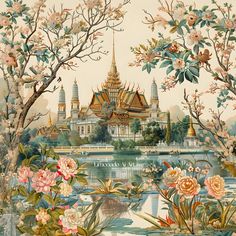 a painting of a palace surrounded by trees and flowers